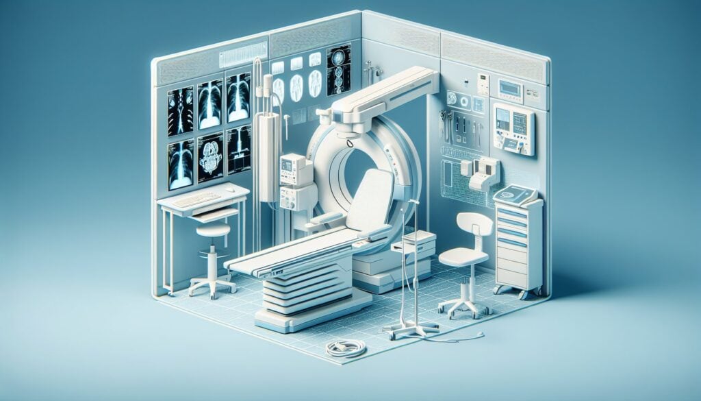 CT scan machine in a medical imaging room for diagnostic radiology.