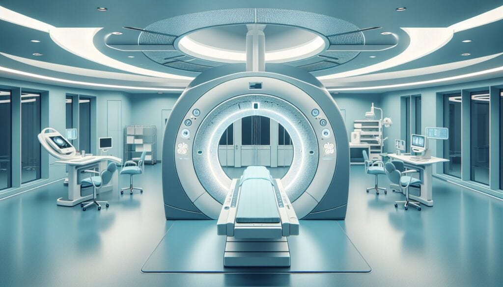 MRI scanner in a modern medical imaging room with advanced technology and equipment.