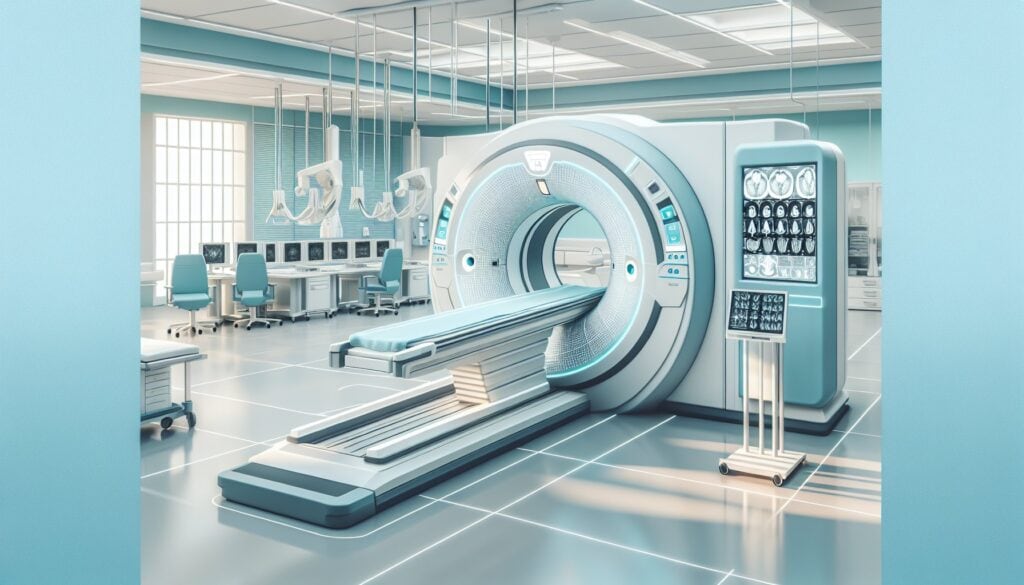 MRI scanner in a modern medical imaging room for diagnostic radiology.