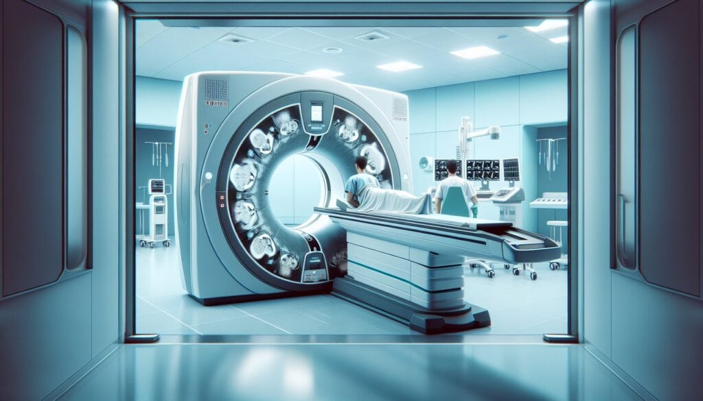 CT scan machine in a modern hospital radiology room.