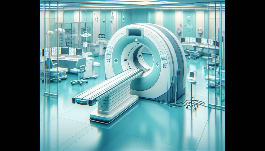 CT scan machine in a modern hospital radiology room for medical imaging.