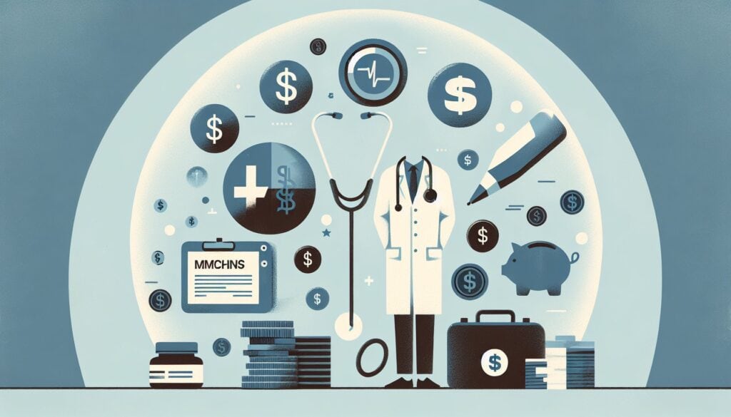 Affordable healthcare and medical services illustration with doctor, stethoscope, and financial icon.