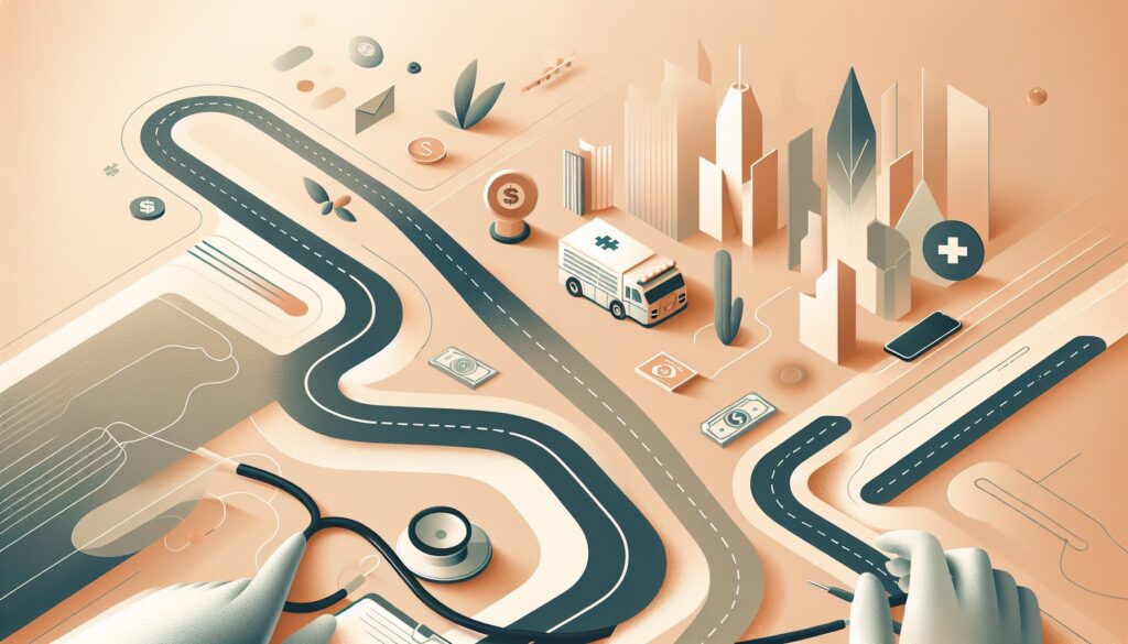 AI-powered healthcare and telemedicine technology with futuristic cityscape background.