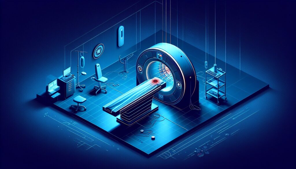 MRI machine scanning in a high-tech medical facility.