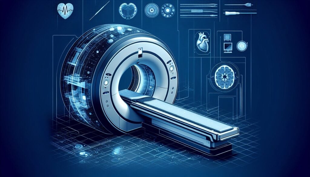 MRI machine in a high-tech medical imaging environment with digital health icons.
