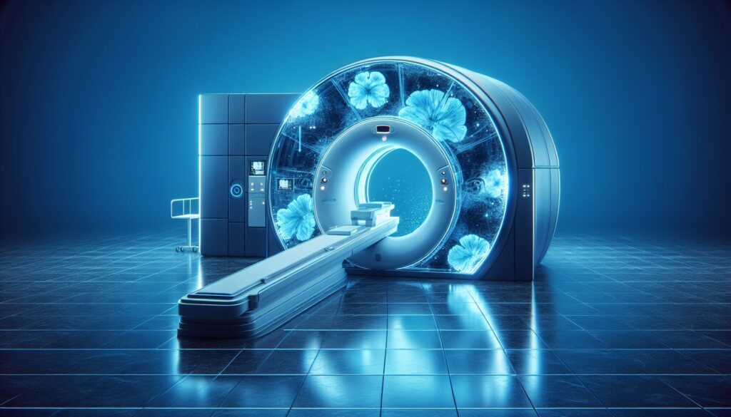 MRI machine in a modern medical imaging facility with advanced technology and glowing blue lighting.