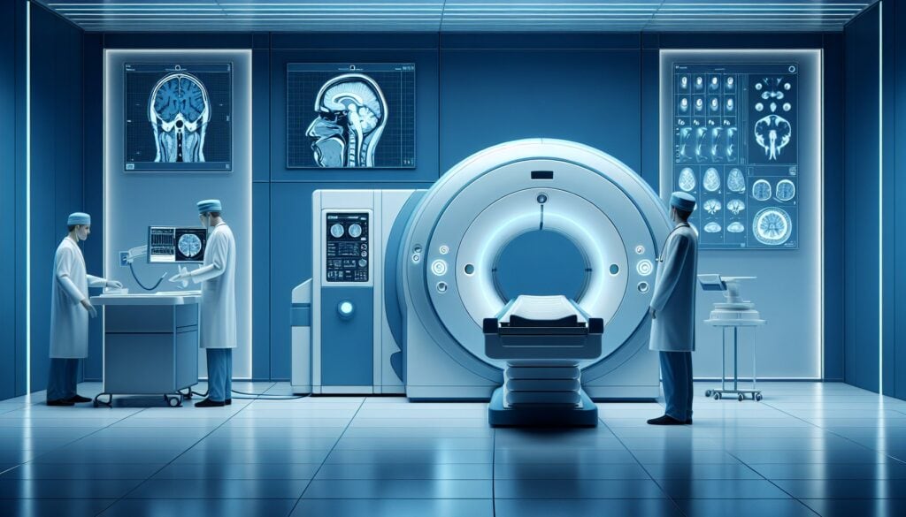MRI scanner in a medical imaging room with healthcare professionals analyzing brain and body scans.