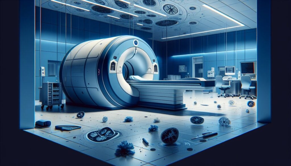 MRI machine in a modern medical imaging room with scattered medical tools and equipment.