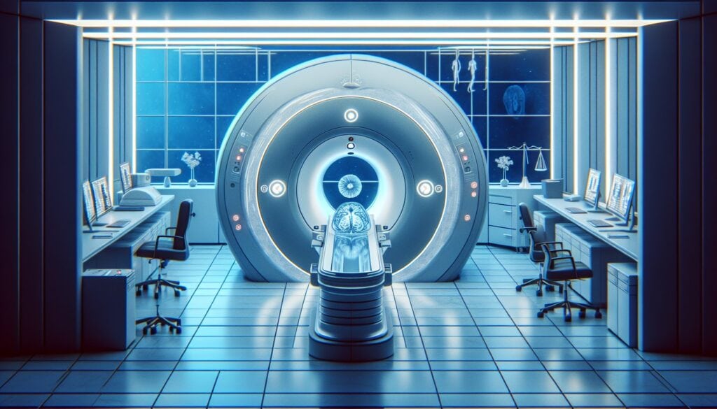 MRI machine in a modern medical imaging room with computer workstations and medical equipment.