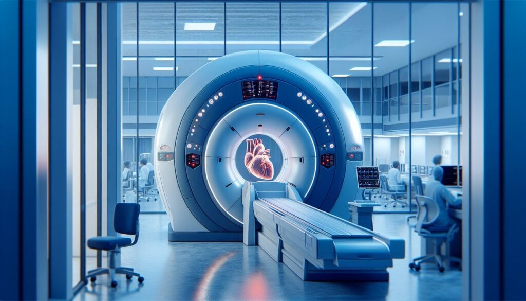 MRI machine in a modern medical imaging facility with a digital heart model.