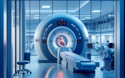 MRI machine in a modern medical imaging facility with a digital heart model.