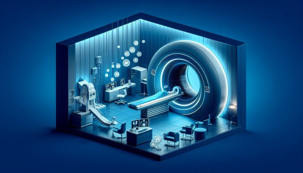 AI-powered medical imaging technology in a futuristic hospital setting.