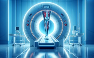 MRI scanner imaging of a human leg and knee in a modern medical facility.