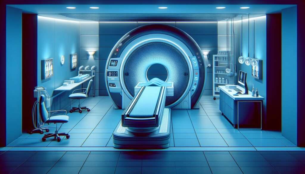MRI scanner in a modern medical imaging room, illuminated with blue lighting.