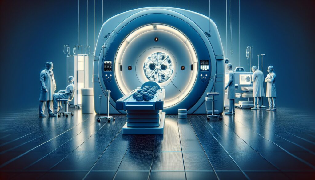 MRI machine in a modern medical imaging facility with healthcare professionals preparing for a scan.