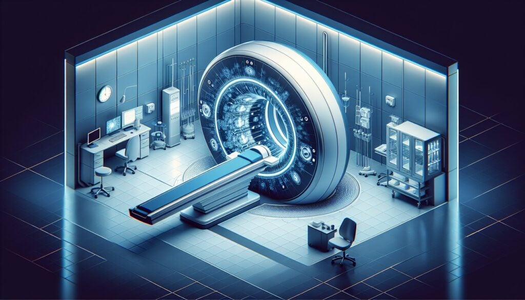 High-tech MRI scanner in a modern medical imaging room with advanced diagnostic equipment.