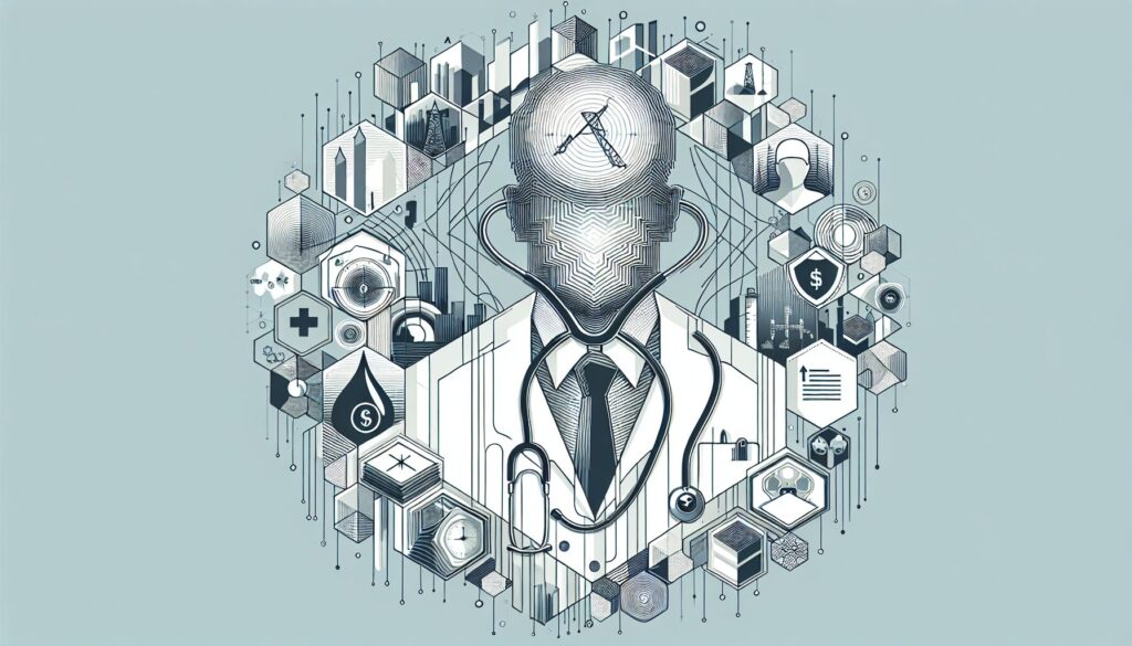 AI-powered healthcare technology illustration with a doctor and digital medical icons.