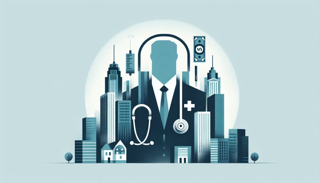 Modern healthcare professional with cityscape background, emphasizing telemedicine and medical servi.