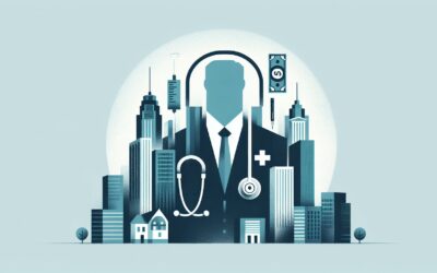 Modern healthcare professional with cityscape background, emphasizing telemedicine and medical servi.
