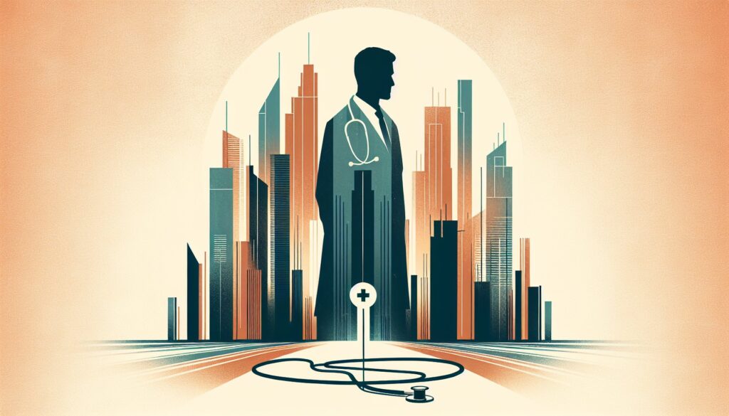 Innovative healthcare professional with a stethoscope in front of a futuristic city skyline.