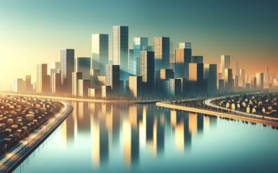 Modern city skyline with skyscrapers reflected in water at sunset, showcasing urban development and.