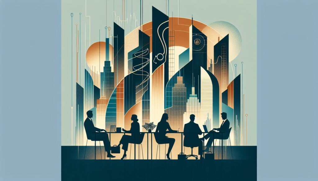 High-tech business meeting with silhouettes of professionals in a modern city skyline background.