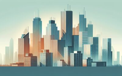 Modern city skyline with tall skyscrapers and high-rise buildings at sunset.