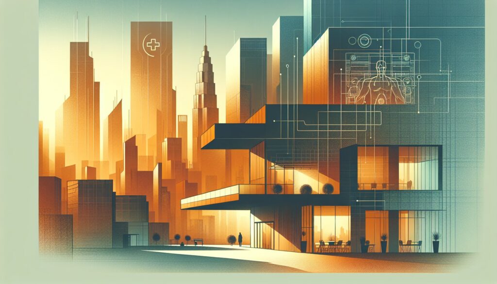 High-tech futuristic cityscape with digital interface and smart building technology.