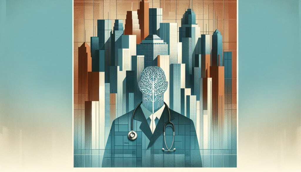 AI-powered healthcare technology with a futuristic cityscape background.