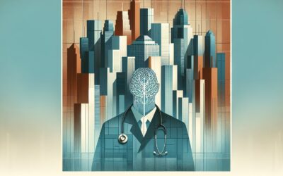 AI-powered healthcare technology with a futuristic cityscape background.