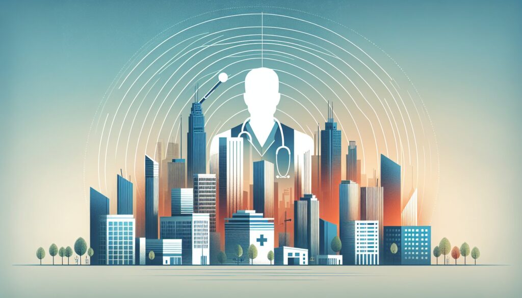 AI-powered healthcare technology with a futuristic cityscape background.