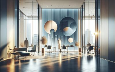 Modern office lobby with large abstract wall art and floor-to-ceiling windows, bright natural light,.