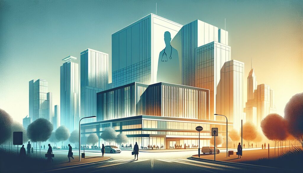 High-tech modern hospital building with skyscrapers and healthcare facilities in an urban setting.