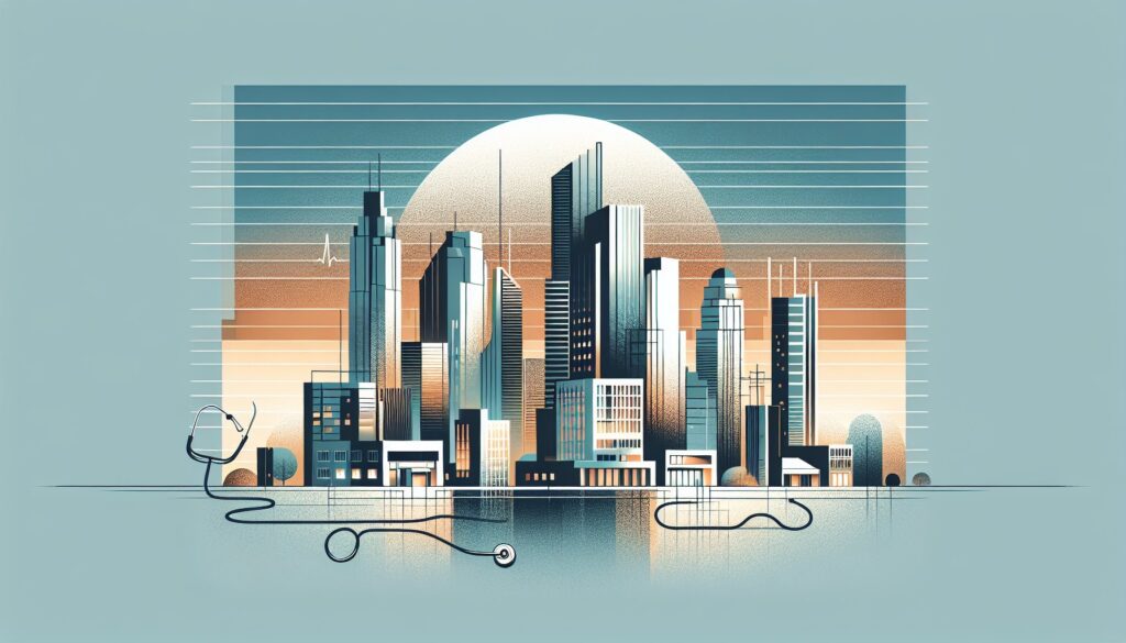 High-rise city skyline with modern skyscrapers and urban architecture at sunset.