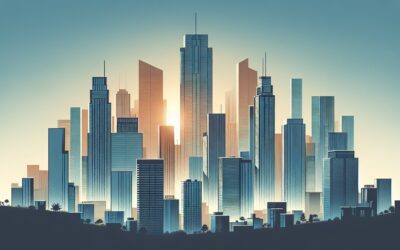 Modern city skyline with tall skyscrapers at sunrise, showcasing urban development and architecture.