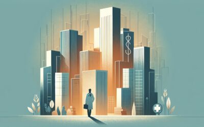 High-rise cityscape with healthcare symbols and a professional figure, representing urban health and.