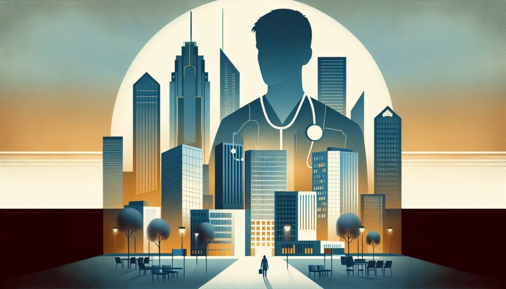 Innovative healthcare technology with a doctor and city skyline background for telemedicine and medi.