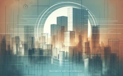 High-tech cityscape with futuristic skyscrapers and digital overlay for innovative urban development.