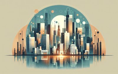 High-tech city skyline with modern skyscrapers and digital elements for urban innovation.