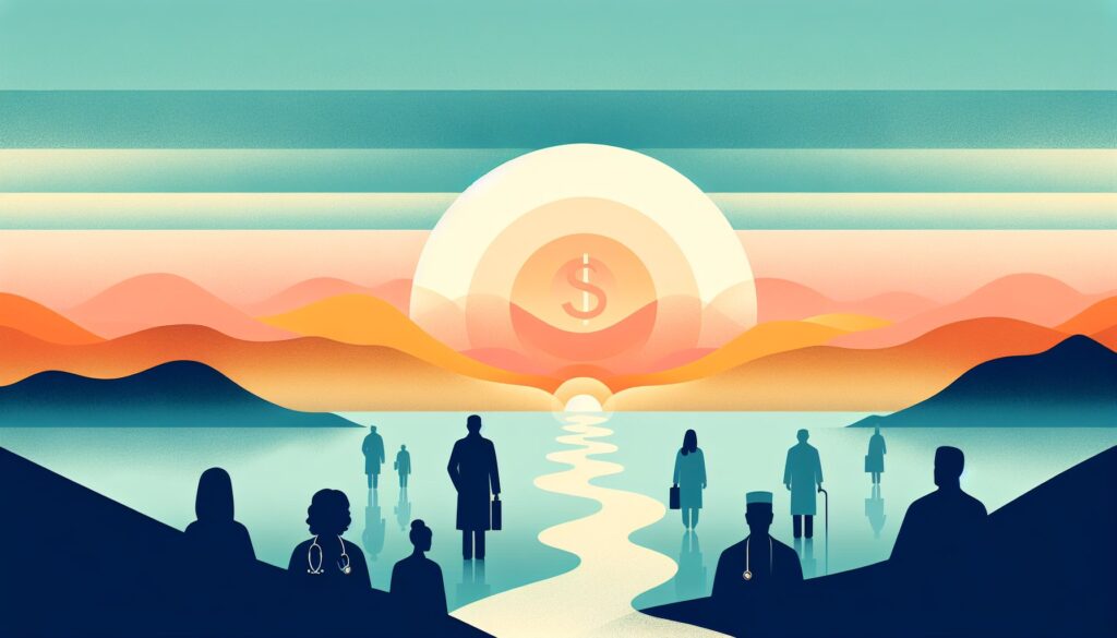 Diverse group of people watching a sunset over mountains and water, symbolizing community and connec.