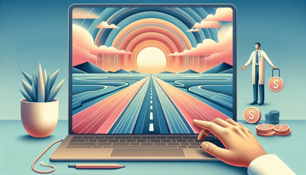 A colorful digital illustration of a road leading to a sunrise, symbolizing growth and opportunity i.