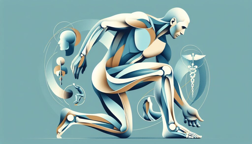 Kneeling human anatomy illustration with medical and health symbols for healthcare and medical websi.