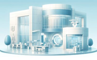 Modern futuristic building with glass facades and advanced technology features.
