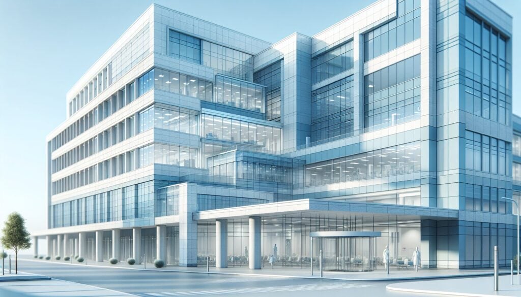 Modern glass office building with sleek architecture and reflective surfaces.