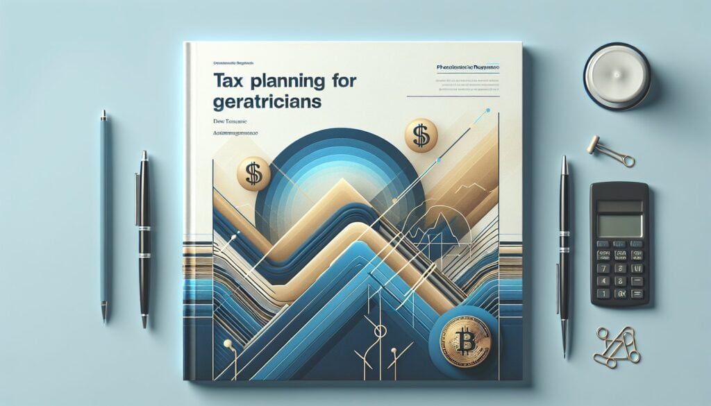 Tax planning for geriatric financial management with charts and cryptocurrency icons.
