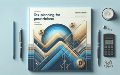 Tax planning for geriatric financial management with charts and cryptocurrency icons.