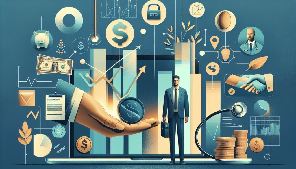 Investors and financial growth concepts with business professionals and digital finance icons.