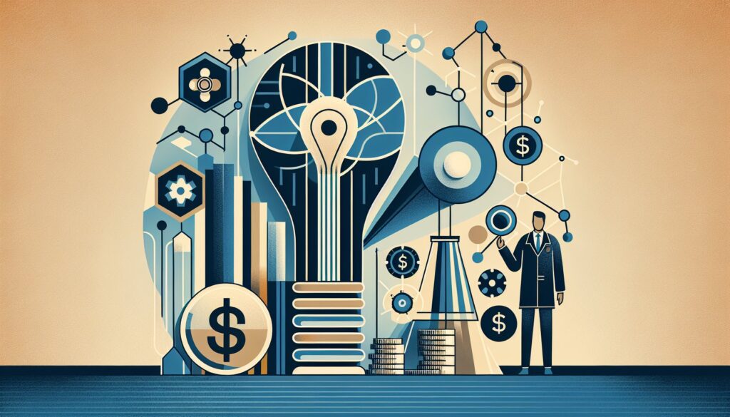 Innovative technology and finance concepts with a lightbulb, gears, and dollar symbols for digital b.