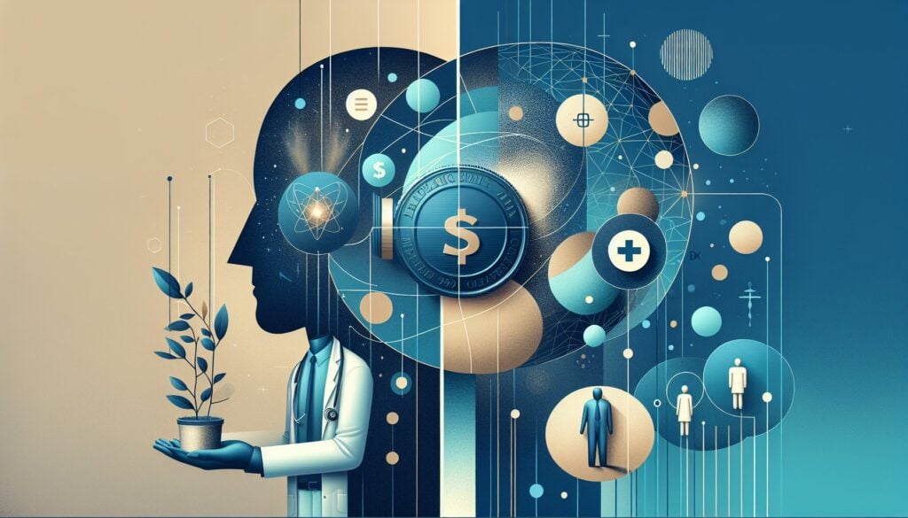 AI-driven financial technology concept with a human head silhouette, digital icons, and data analyti.