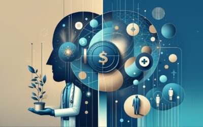 AI-driven financial technology concept with a human head silhouette, digital icons, and data analyti.